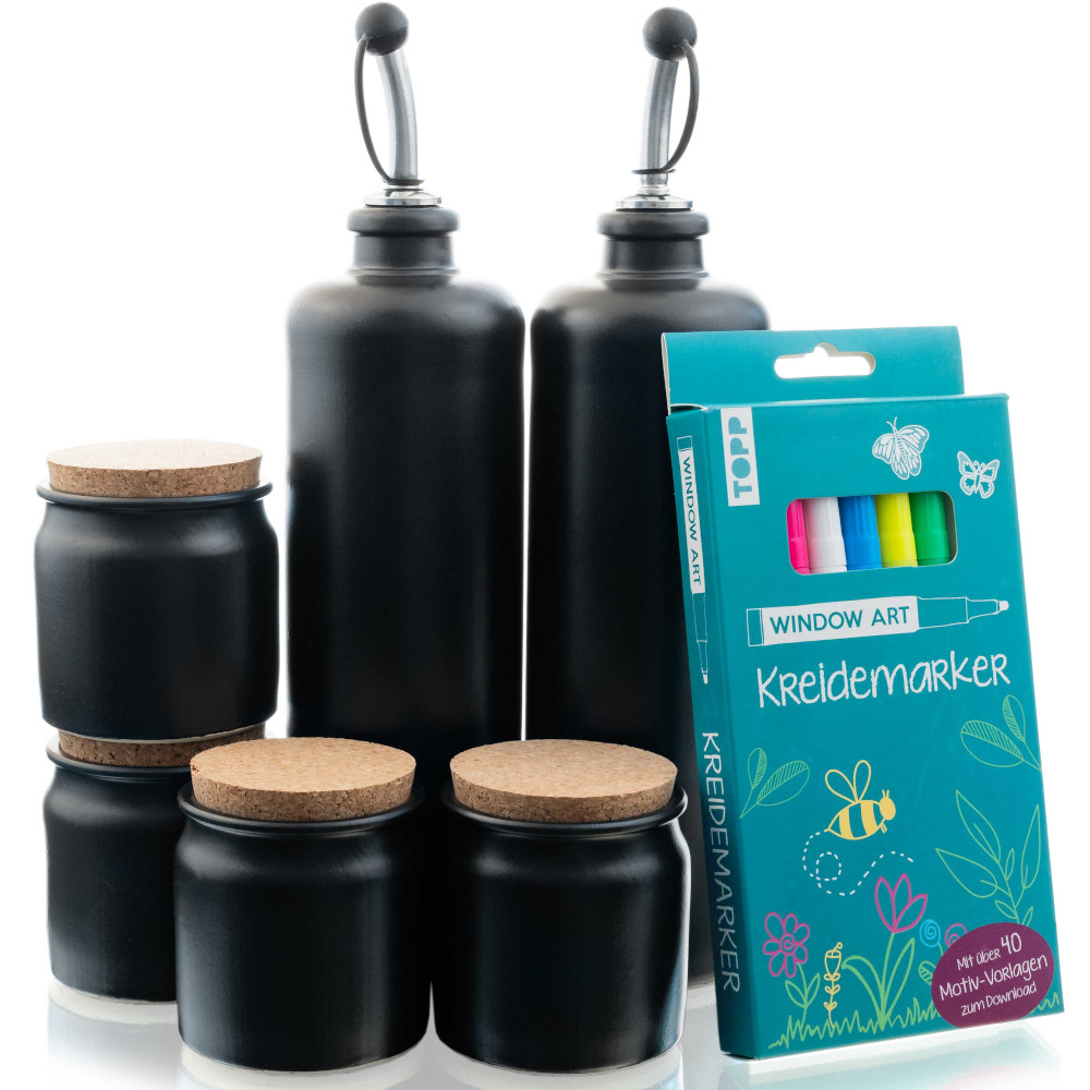 Ton-Set - 4x Tontöpfchen 160 ml + 2x Tonkrug 0,5 l mit Ausgießer und Kreidemarker - Flaschenbauer